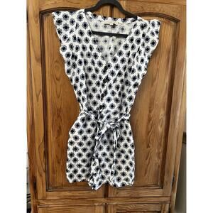 Loft Linen Romper With Pockets And Waist Strap Floral Polka Dot Pattern Sz 12